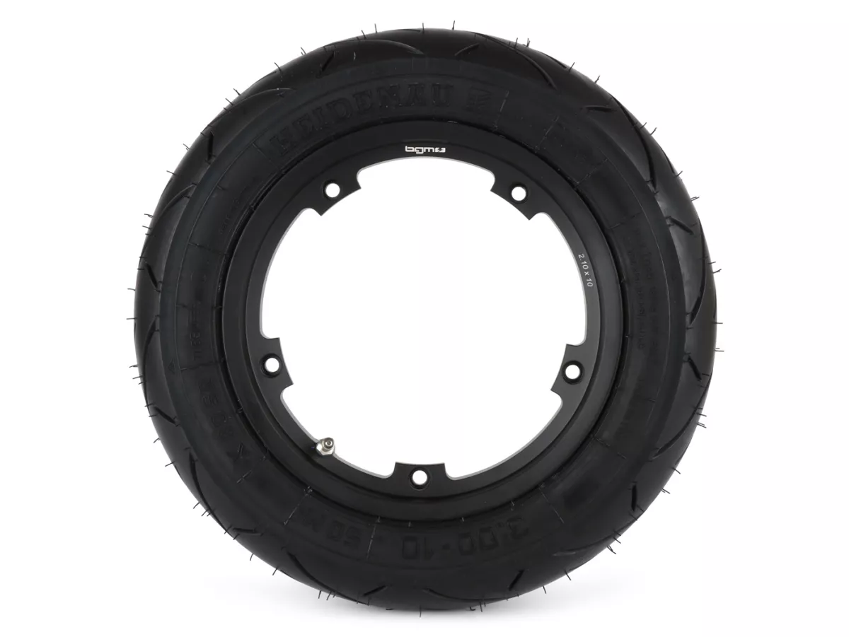 Roda lengkap (ban siap pakai yang dipasang pada pelek) -HEIDENAU K80SR, tubeless, Vespa Smallframe V50, PV, ET3, PK- 3.00 - 10 inci TL 50M (diperkuat) - pelek BGM PRO 2.10-10 alumunium hitam