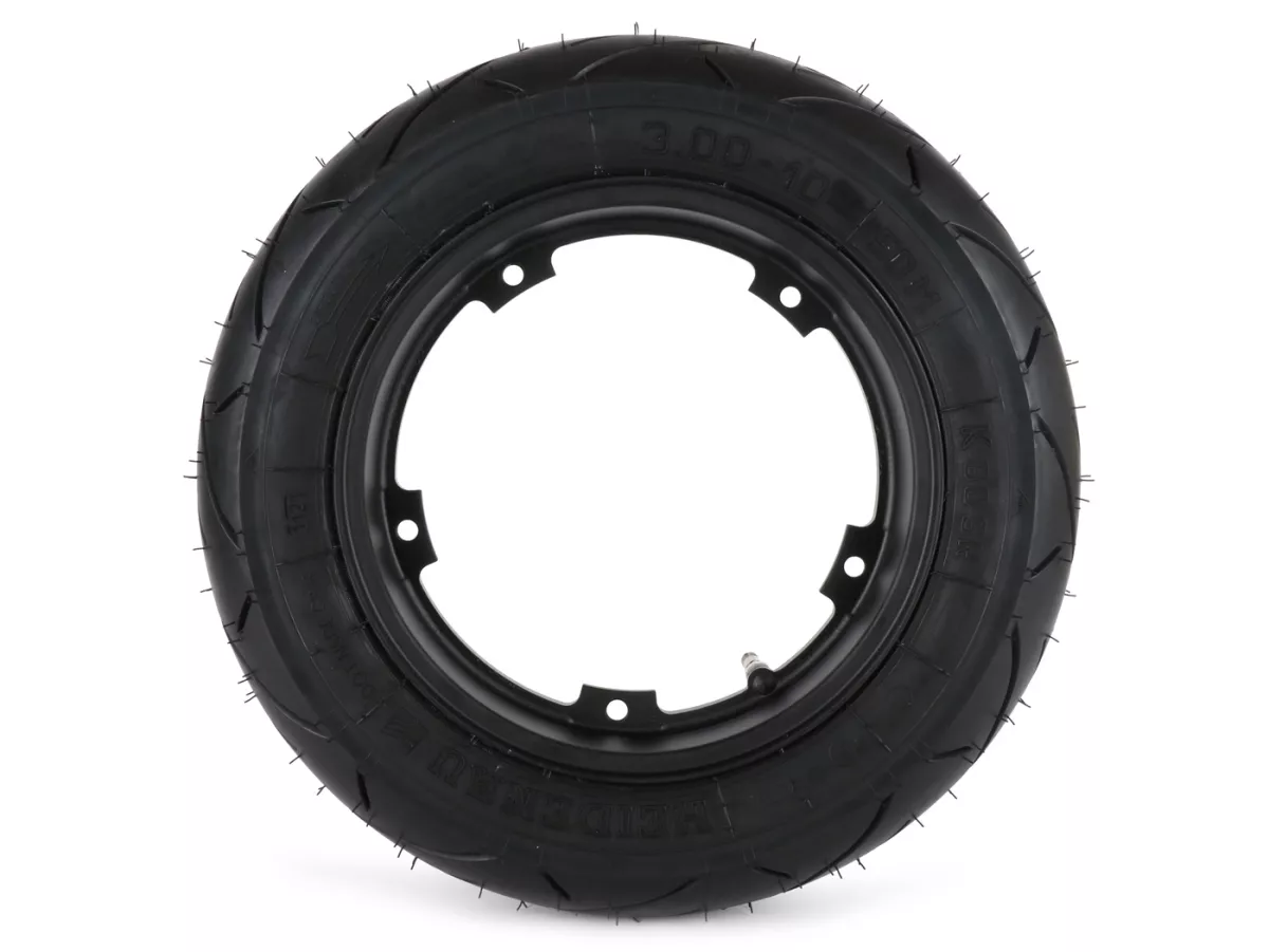 Roda lengkap (ban siap pakai yang dipasang pada pelek) -HEIDENAU K80SR, tubeless, Vespa Smallframe V50, PV, ET3, PK- 3.00 - 10 inci TL 50M (diperkuat) - pelek BGM PRO 2.10-10 alumunium hitam