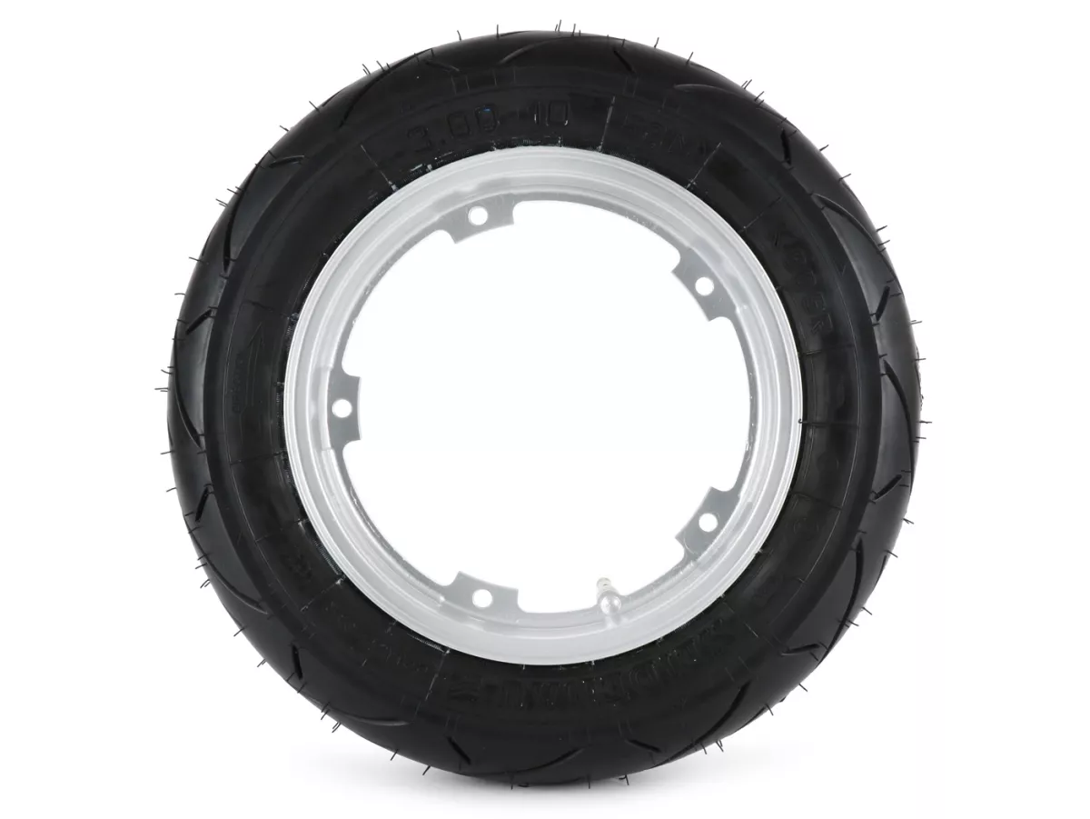 Komplett hjul (färdigt däck monterat på fälg) -HEIDENAU K80SR, slanglös, Vespa Smallframe V50, PV, ET3, PK- 3.00 - 10 tum TL 50M (förstärkt) - Fälg BGM PRO 2.10-10 Aluminium - Silver