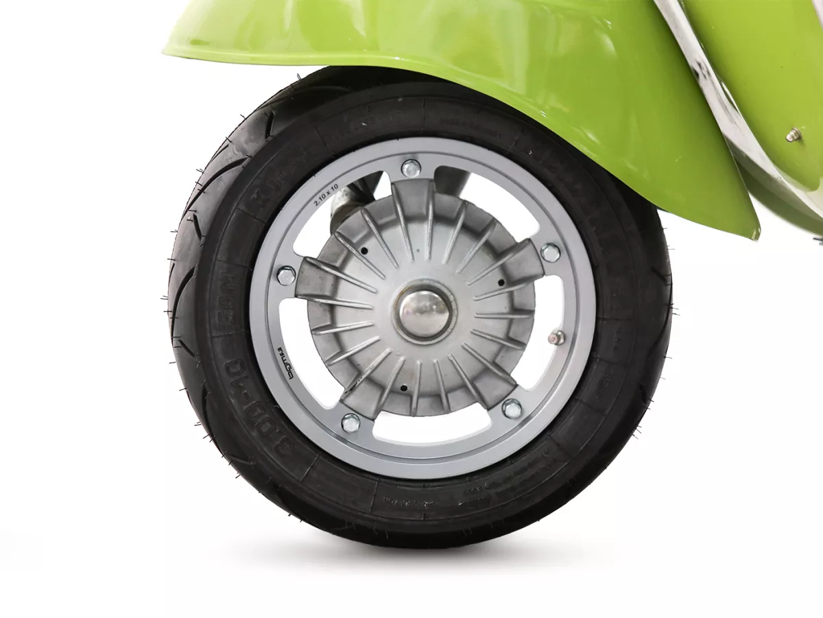 Komplett hjul (färdigt däck monterat på fälg) -HEIDENAU K80SR, slanglös, Vespa Smallframe V50, PV, ET3, PK- 3.00 - 10 tum TL 50M (förstärkt) - Fälg BGM PRO 2.10-10 Aluminium - Silver