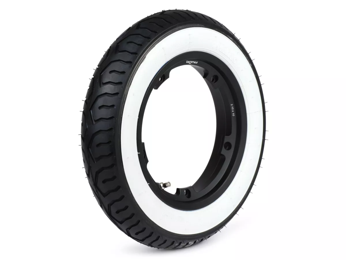 Rueda completa (neumático listo para montar montado en llanta) -MITAS MC12 whitewall, tubeless, Vespa Smallframe V50, PV, ET3, PK- 3.00 - 10 pulgadas TL 42J - llanta BGM PRO 2.10-10 aluminio negro