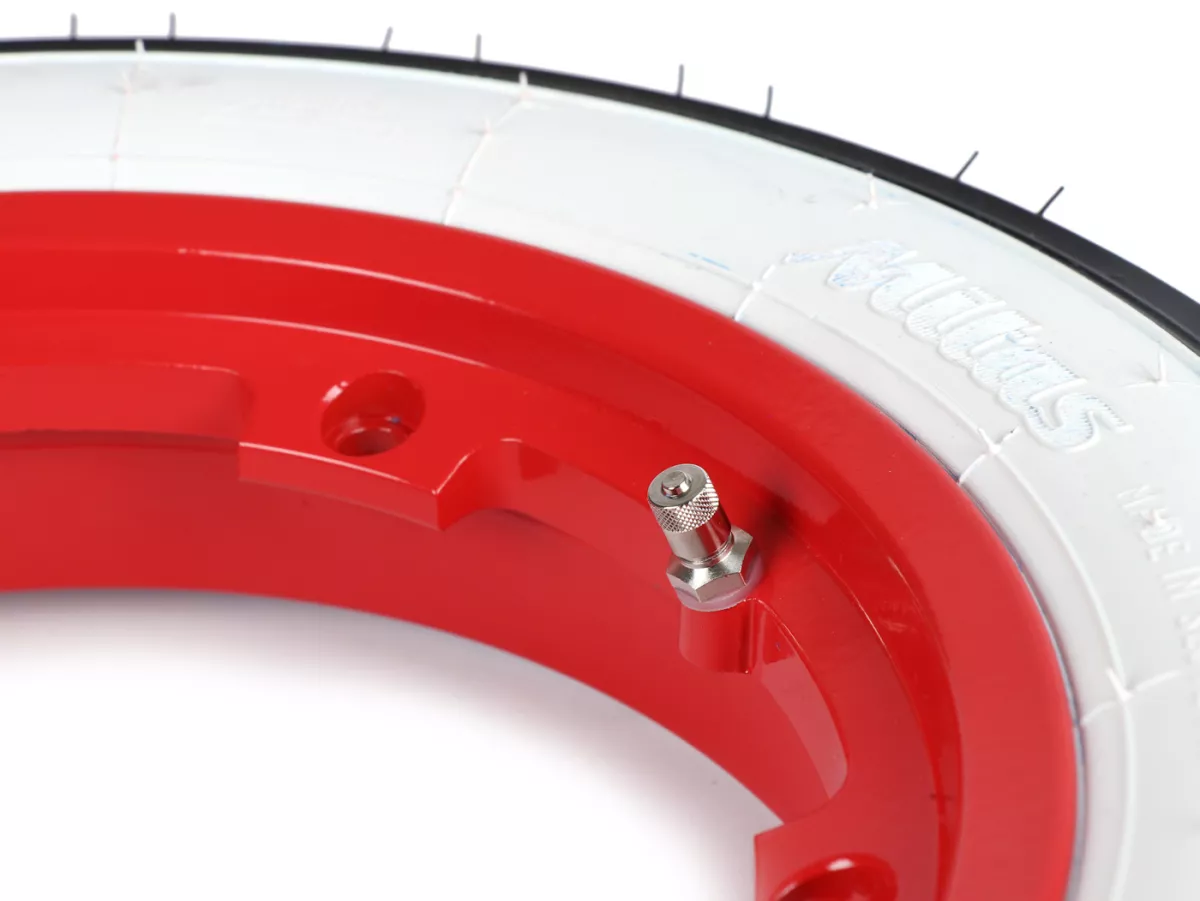 Rueda completa (neumático listo para montar montado en llanta) -MITAS MC12 whitewall, tubeless, Vespa Smallframe V50, PV, ET3, PK- 3.00 - 10 pulgadas TL 42J - llanta BGM PRO 2.10-10 aluminio rojo