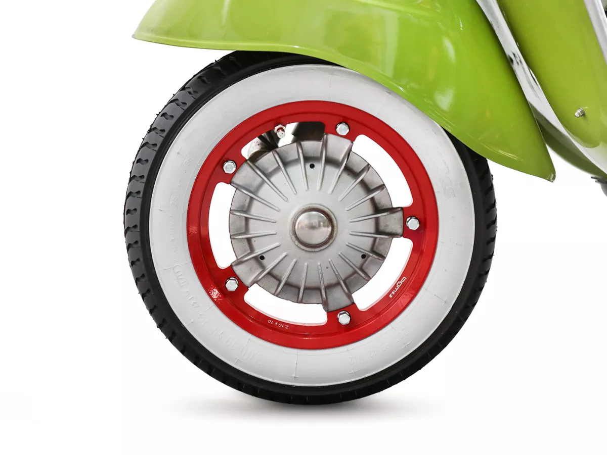 Rueda completa (neumático listo para montar montado en llanta) -MITAS MC12 whitewall, tubeless, Vespa Smallframe V50, PV, ET3, PK- 3.00 - 10 pulgadas TL 42J - llanta BGM PRO 2.10-10 aluminio rojo