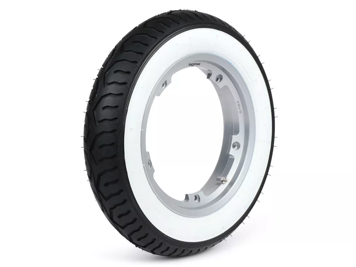 Komplett hjul (färdigt däck monterat på fälg) -MITAS MC12 whitewall, tubeless, Vespa Smallframe V50, PV, ET3, PK- 3.00 - 10 tum TL 42J - Fälg BGM PRO 2.10-10 Aluminium - Silver