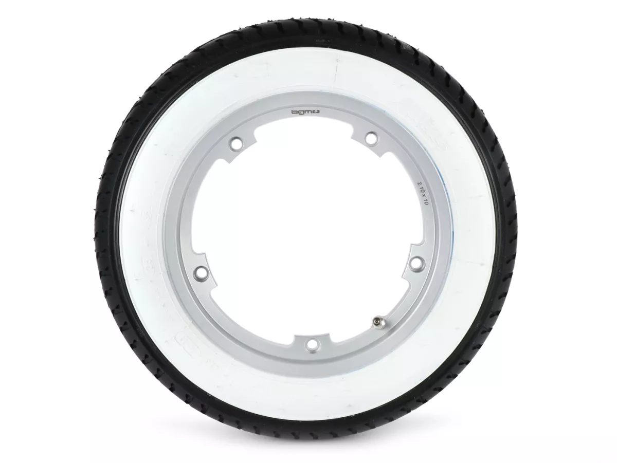 Komplett hjul (färdigt däck monterat på fälg) -MITAS MC12 whitewall, tubeless, Vespa Smallframe V50, PV, ET3, PK- 3.00 - 10 tum TL 42J - Fälg BGM PRO 2.10-10 Aluminium - Silver