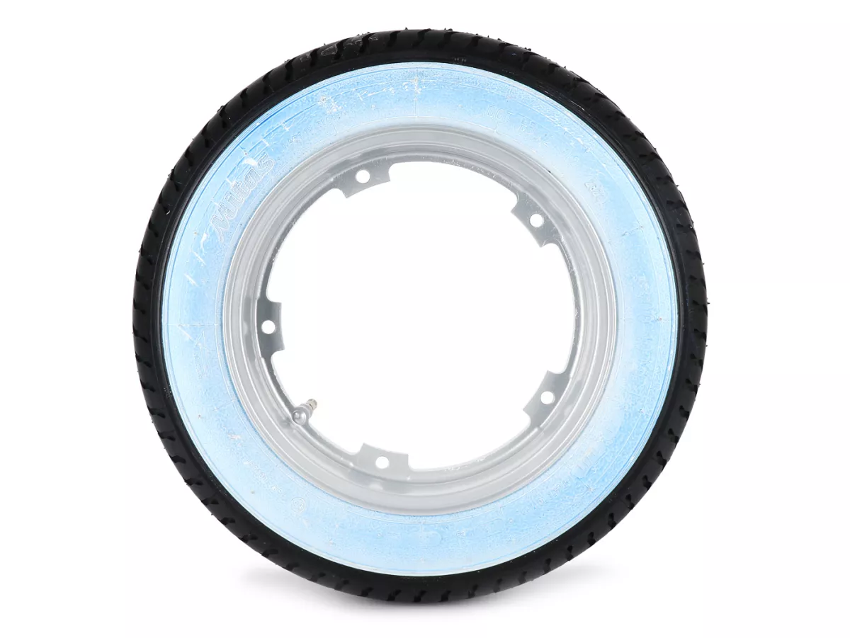 Komplett hjul (färdigt däck monterat på fälg) -MITAS MC12 whitewall, tubeless, Vespa Smallframe V50, PV, ET3, PK- 3.00 - 10 tum TL 42J - Fälg BGM PRO 2.10-10 Aluminium - Silver