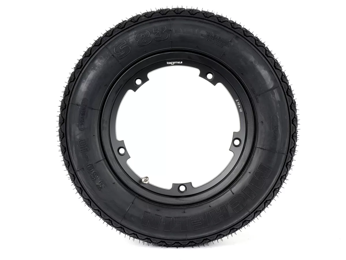 Wheel assembly (tyre mounted on rim ready to drive) -MICHELIN S83, tubeless, Vespa- 3.50 - 10 inch TL 59J (reinforced) - Wheel assemblyrim BGM PRO 2.10-10 Aluminium 2.10-10 black