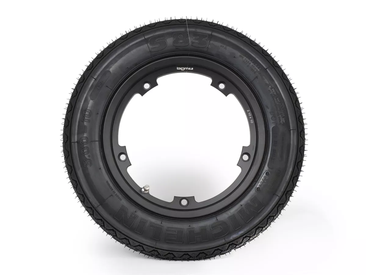 Roda lengkap (ban siap pakai yang dipasang pada pelek) -MICHELIN S83, tubeless, Vespa Smallframe V50, PV, ET3, PK- 3.00 - 10 inci TL 42J - pelek BGM PRO 2.10-10 alumunium hitam