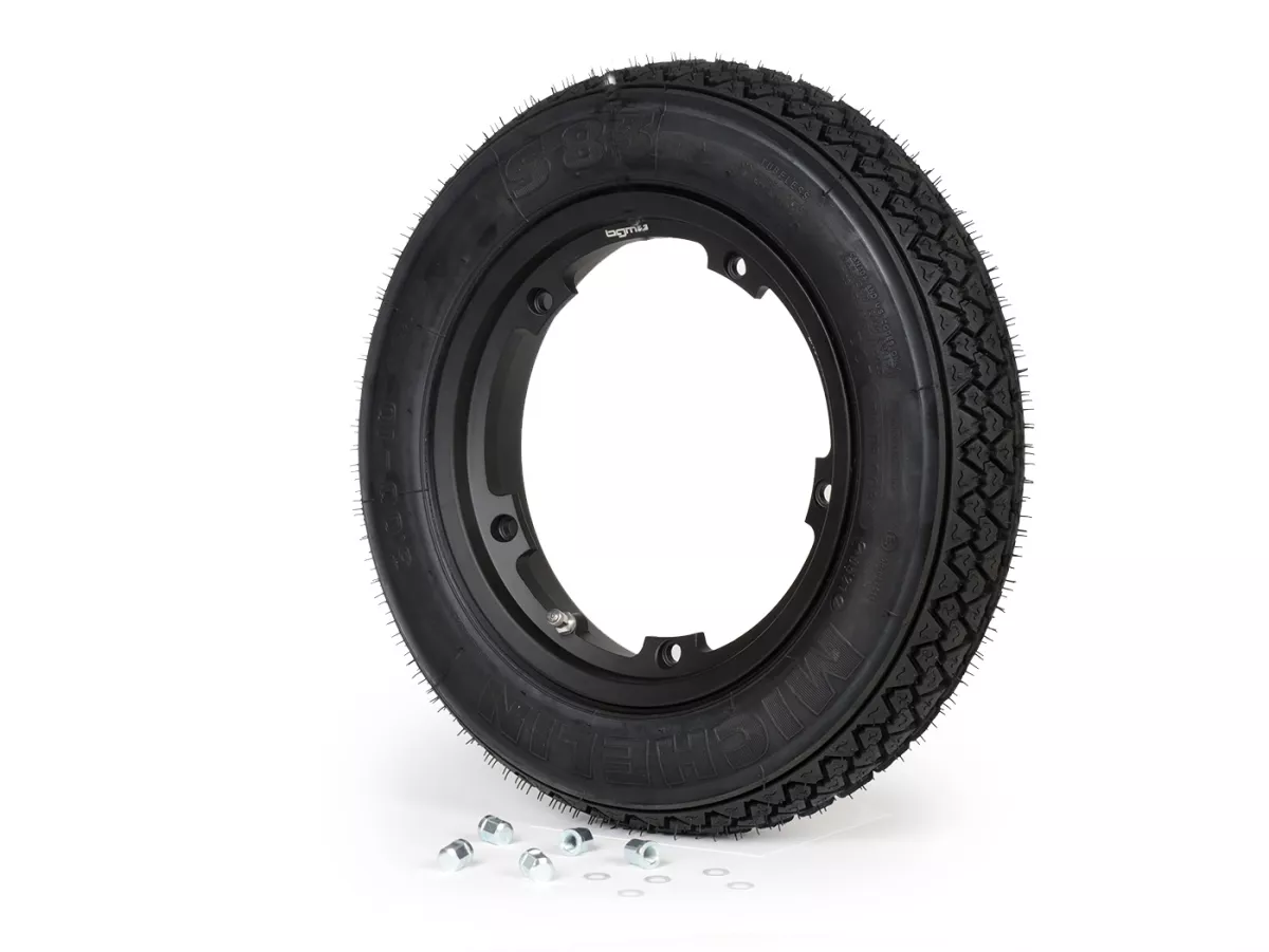 Roda lengkap (ban siap pakai yang dipasang pada pelek) -MICHELIN S83, tubeless, Vespa Smallframe V50, PV, ET3, PK- 3.00 - 10 inci TL 42J - pelek BGM PRO 2.10-10 alumunium hitam