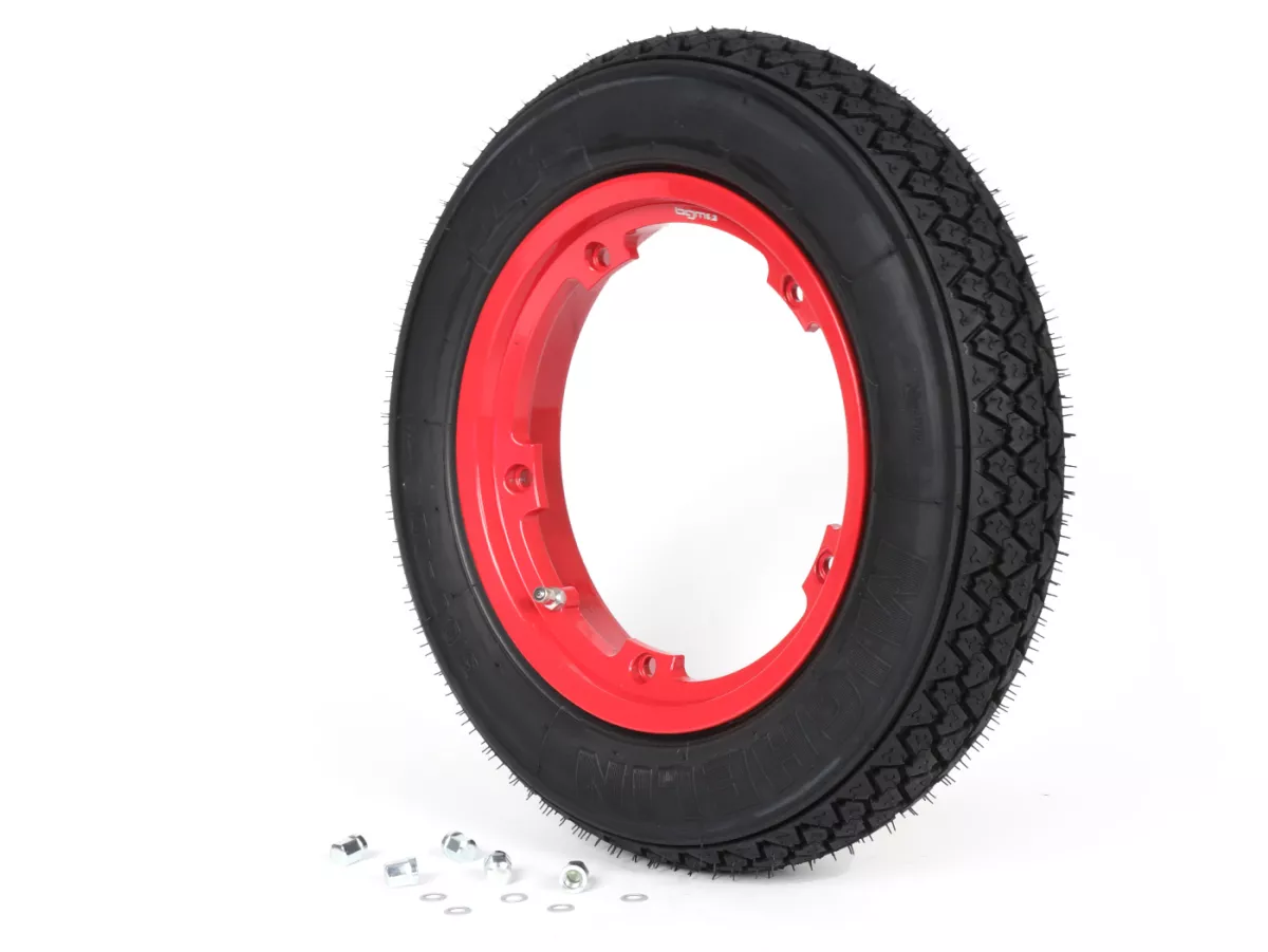 Roda lengkap (ban siap pakai yang dipasang pada pelek) -MICHELIN S83, tubeless, Vespa Smallframe V50, PV, ET3, PK- 3.00 - 10 inci TL 42J - pelek BGM PRO 2.10-10 alumunium merah