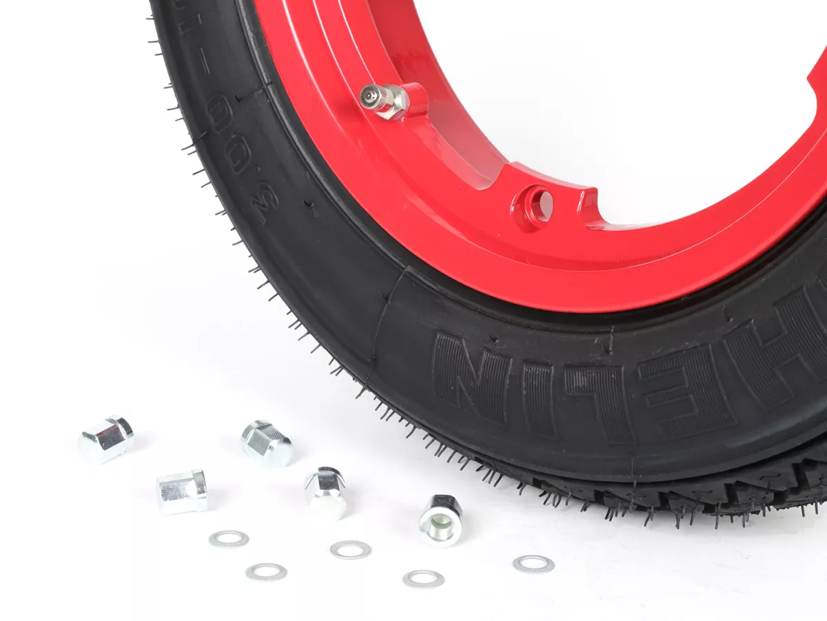 Roda lengkap (ban siap pakai yang dipasang pada pelek) -MICHELIN S83, tubeless, Vespa Smallframe V50, PV, ET3, PK- 3.00 - 10 inci TL 42J - pelek BGM PRO 2.10-10 alumunium merah