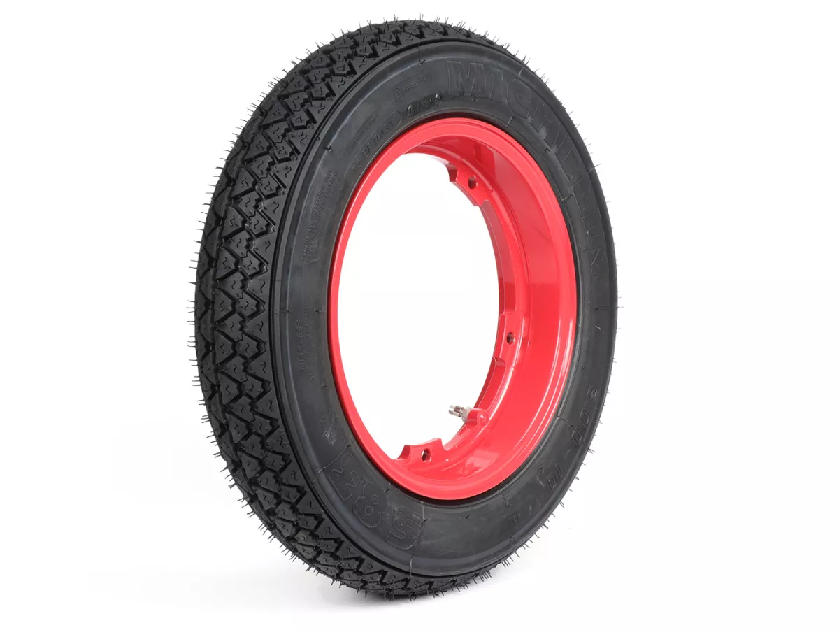 Roda lengkap (ban siap pakai yang dipasang pada pelek) -MICHELIN S83, tubeless, Vespa Smallframe V50, PV, ET3, PK- 3.00 - 10 inci TL 42J - pelek BGM PRO 2.10-10 alumunium merah