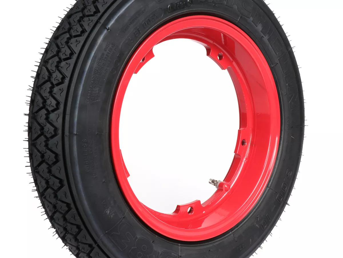 Roda lengkap (ban siap pakai yang dipasang pada pelek) -MICHELIN S83, tubeless, Vespa Smallframe V50, PV, ET3, PK- 3.00 - 10 inci TL 42J - pelek BGM PRO 2.10-10 alumunium merah