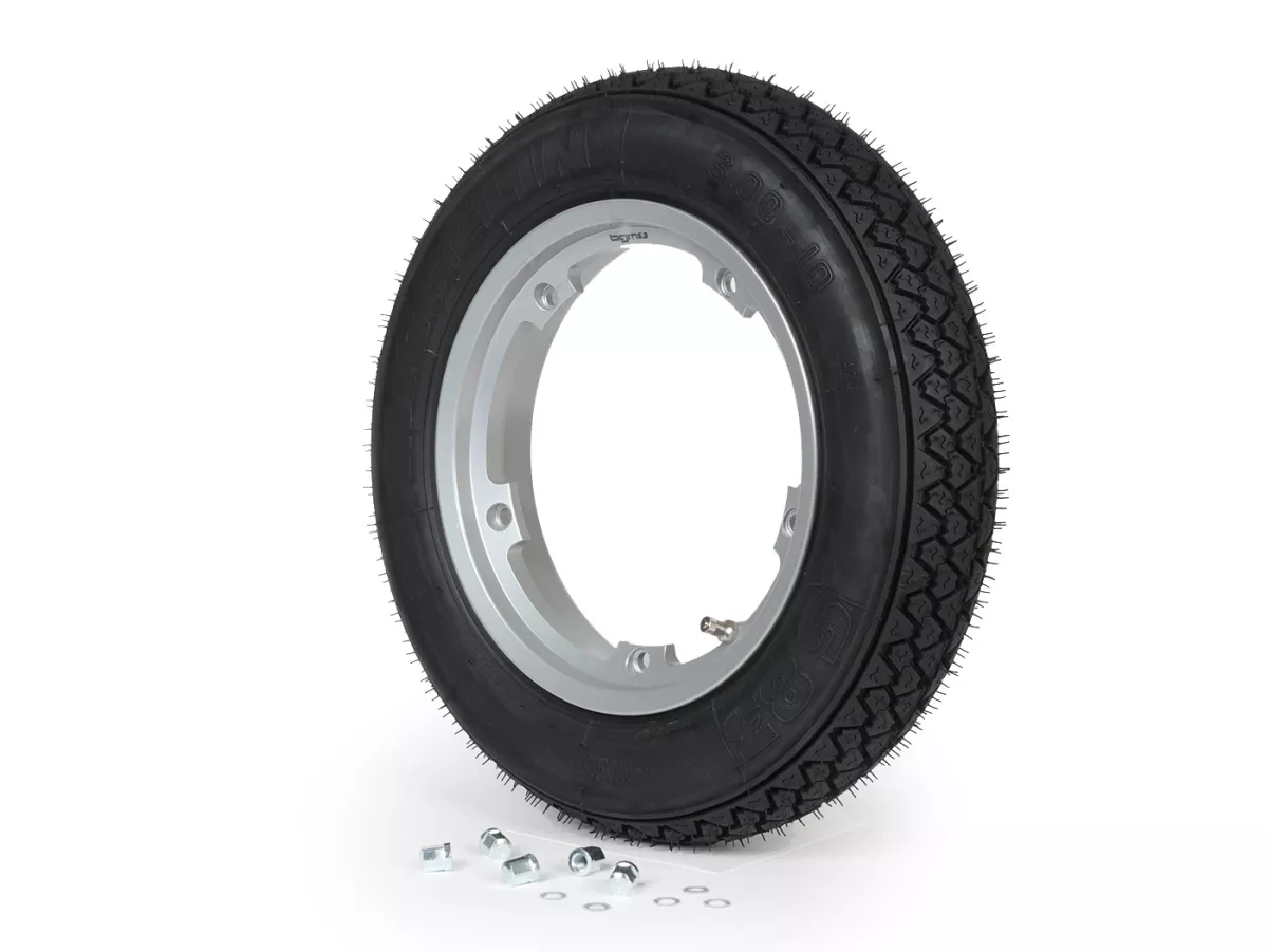 Roda lengkap (ban siap pakai yang dipasang pada pelek) -MICHELIN S83, tubeless, Vespa Smallframe V50, PV, ET3, PK- 3.00 - 10 inci TL 42J - Pelek BGM PRO 2.10-10 Aluminium - Silver