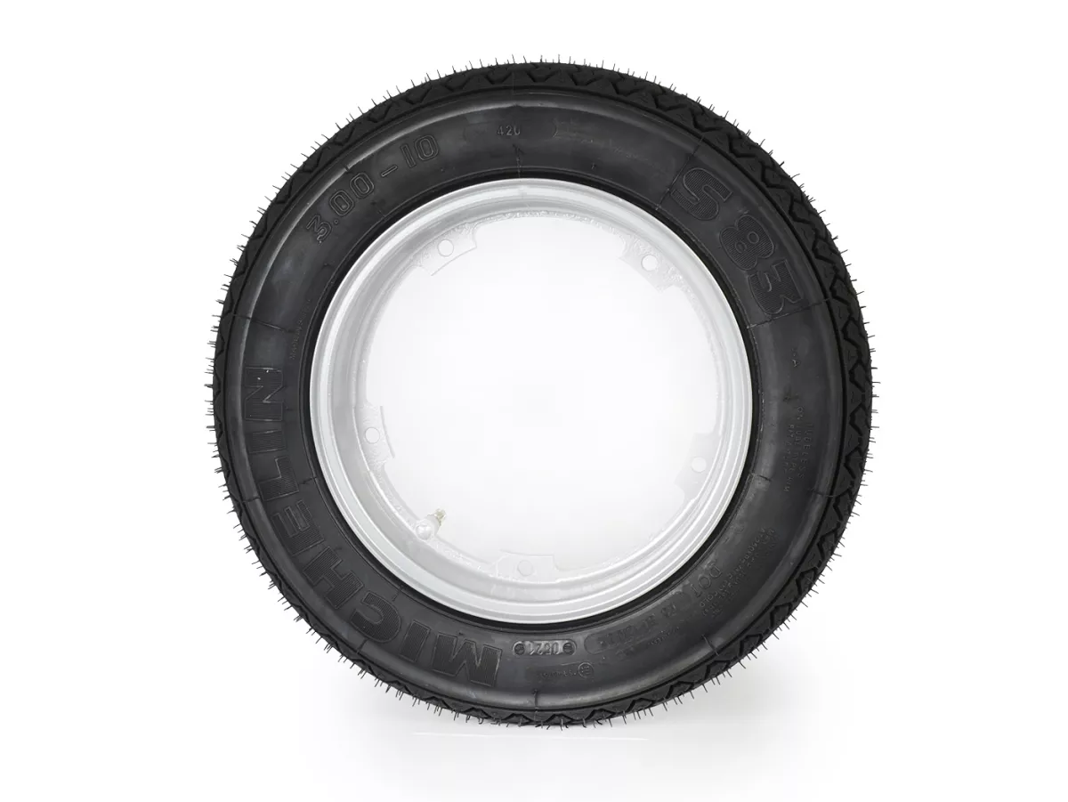 Roda lengkap (ban siap pakai yang dipasang pada pelek) -MICHELIN S83, tubeless, Vespa Smallframe V50, PV, ET3, PK- 3.00 - 10 inci TL 42J - Pelek BGM PRO 2.10-10 Aluminium - Silver