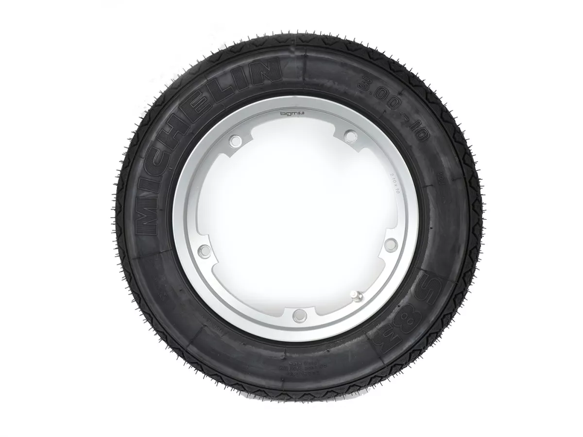 Roda lengkap (ban siap pakai yang dipasang pada pelek) -MICHELIN S83, tubeless, Vespa Smallframe V50, PV, ET3, PK- 3.00 - 10 inci TL 42J - Pelek BGM PRO 2.10-10 Aluminium - Silver