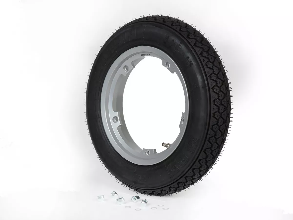 Roda lengkap (ban siap pakai yang dipasang pada pelek) -MICHELIN S83, tubeless, Vespa Smallframe V50, PV, ET3, PK- 3.00 - 10 inci TL 42J - Pelek BGM PRO 2.10-10 Aluminium - Silver