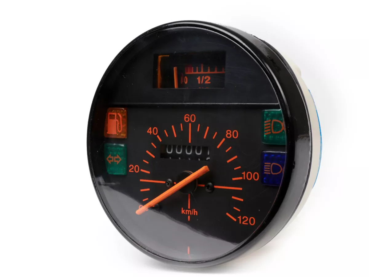 Snelheidsmeter -PREMIUM- Vespa Ø=105mm - PK 125XL, ETS125 - 120km/h (oranje cijfers)