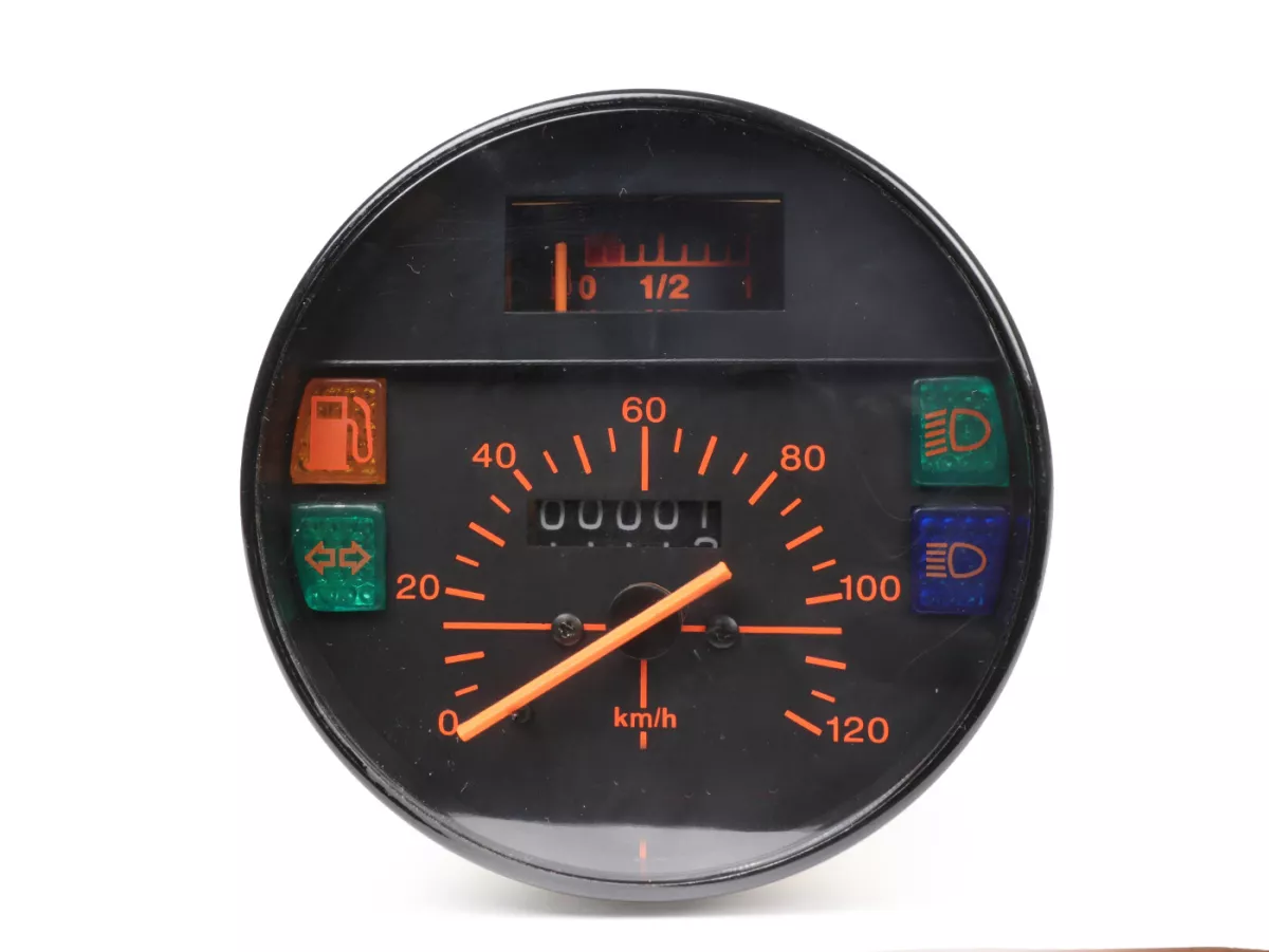 Snelheidsmeter -PREMIUM- Vespa Ø=105mm - PK 125XL, ETS125 - 120km/h (oranje cijfers)