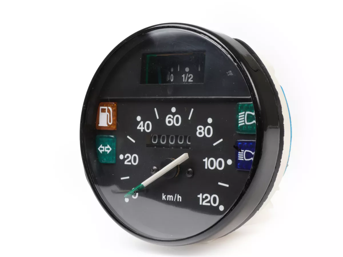 Speedometer -PREMIUM- Vespa Ø=105mm - PX Lusso, T5 Classic, My, 2001, 2011 - 120km/jam - hitam - juga cocok untuk Vespa PK50/80 S Lusso, PK XL, PK125 ETS