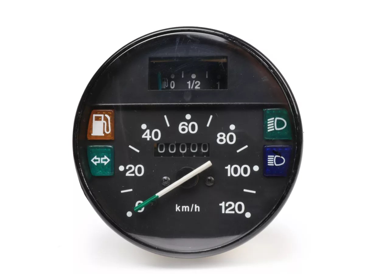 Speedometer -PREMIUM- Vespa Ø=105mm - PX Lusso, T5 Classic, My, 2001, 2011 - 120km/jam - hitam - juga cocok untuk Vespa PK50/80 S Lusso, PK XL, PK125 ETS