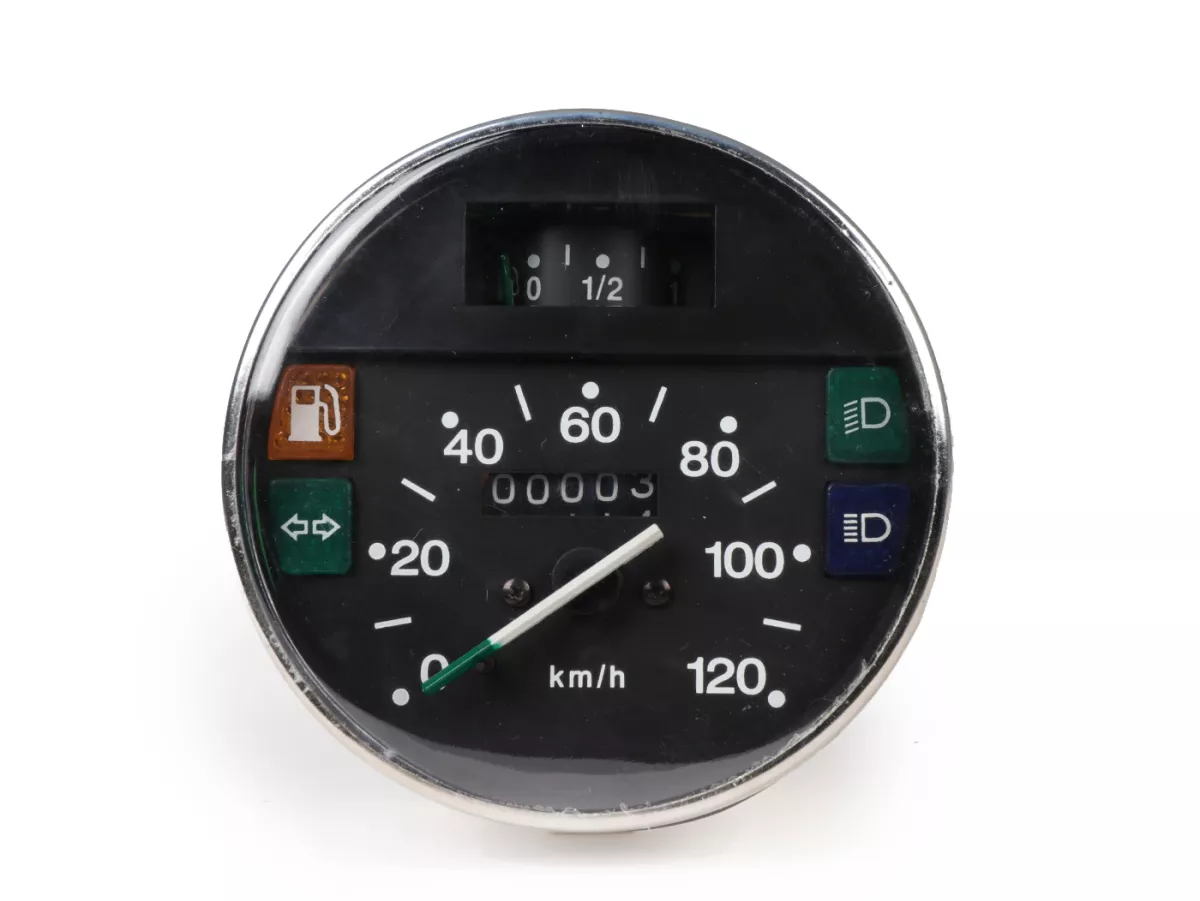 Snelheidsmeter -PREMIUM- Vespa Ø=105mm - PX Lusso, T5 Classic, Mijn, 2001, 2011 - 120km/h - chroom - ook geschikt voor Vespa PK50/80 S Lusso, PK XL, PK125 ETS