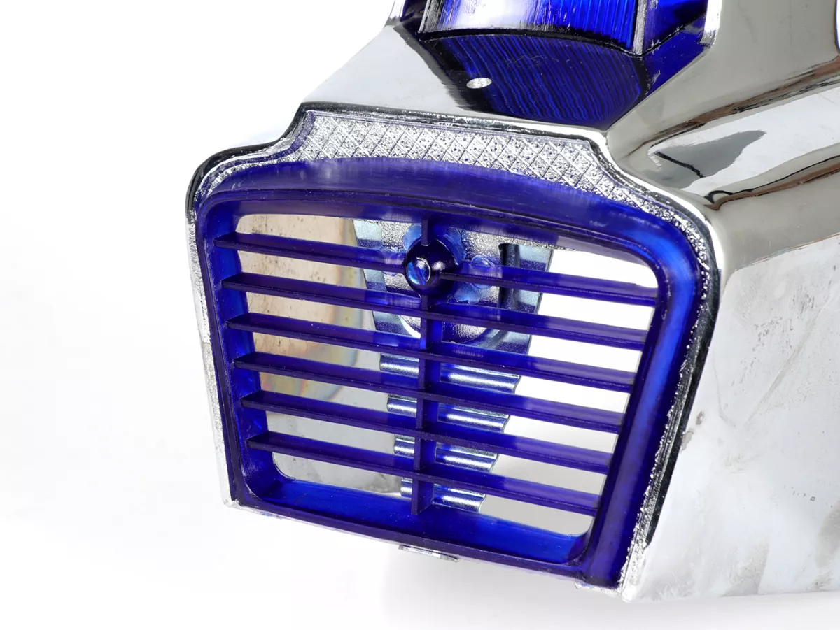 Horn grill -ORIGINAL VIGANO (NOS) B-quality- Vespa Wideframe/Largeframe GS150, GL150, VNA, VNB, VBA, VBB, Super, Sprint, Rally, GT, GTR - blue/blue - Chrome