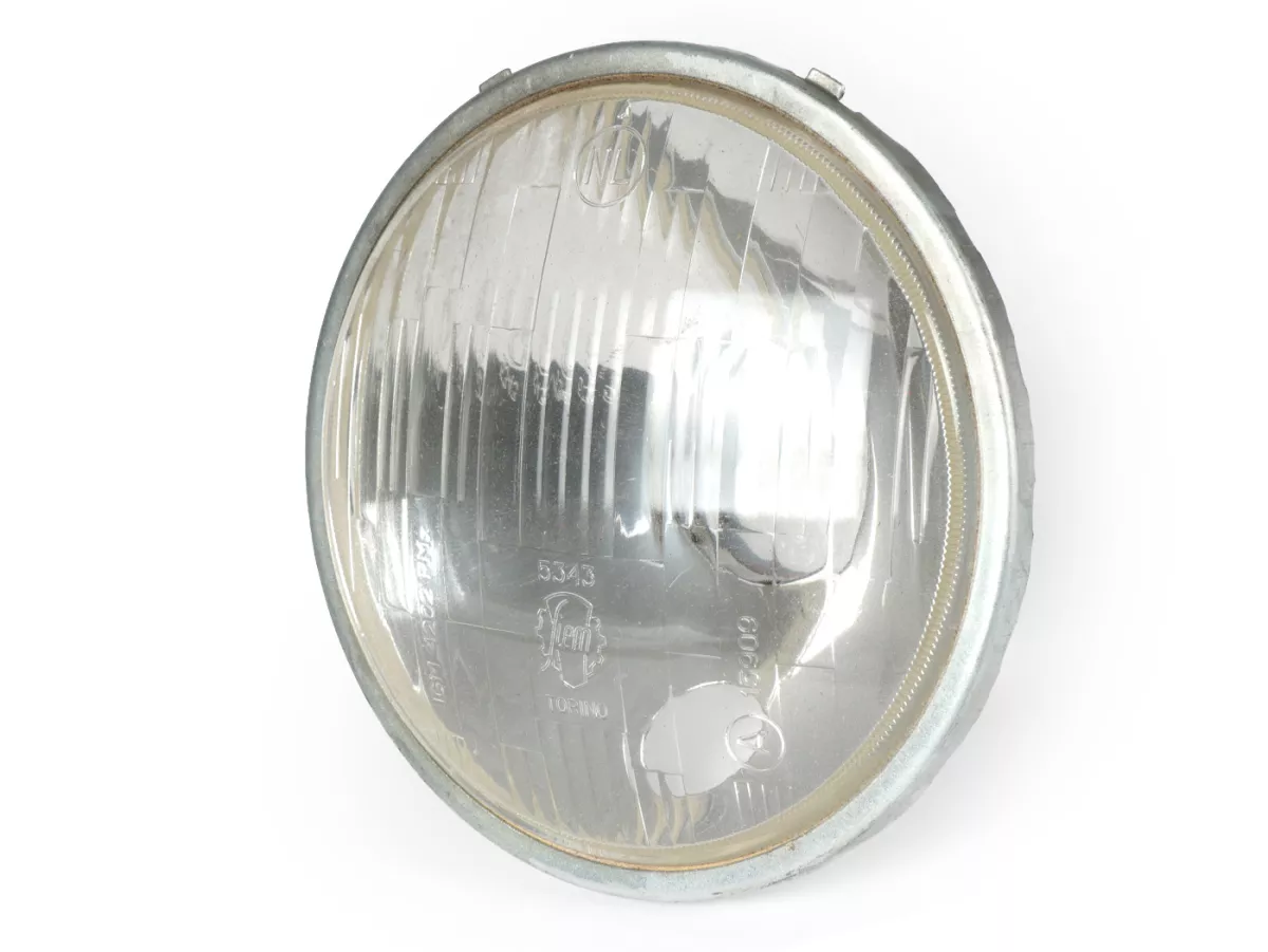 Faro delantero -SIEM (NOS) Ø=115/120mm (cristal/exterior)- Vespa SS50 (V5SS1T), 50SR (V5SS2T), SS90 (V9SS1T), 90 Racer (V9SS2T), PV125 (VMA1T, VMA2T), ET3 (VMB1T), Super (VNC1T/VBC1T) - cristal