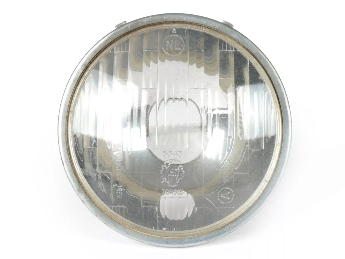 Faro delantero -SIEM (NOS) Ø=115/120mm (cristal/exterior)- Vespa SS50 (V5SS1T), 50SR (V5SS2T), SS90 (V9SS1T), 90 Racer (V9SS2T), PV125 (VMA1T, VMA2T), ET3 (VMB1T), Super (VNC1T/VBC1T) - cristal