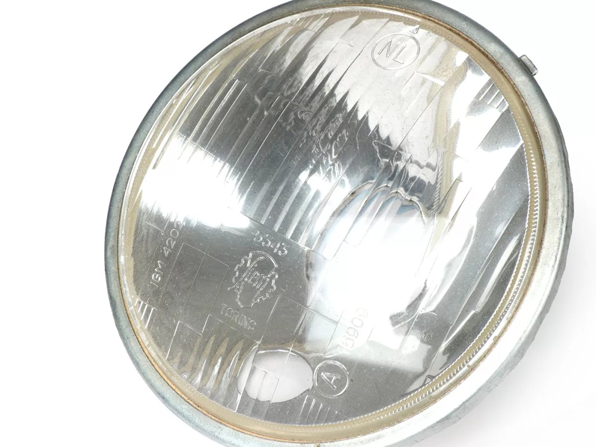 Faro delantero -SIEM (NOS) Ø=115/120mm (cristal/exterior)- Vespa SS50 (V5SS1T), 50SR (V5SS2T), SS90 (V9SS1T), 90 Racer (V9SS2T), PV125 (VMA1T, VMA2T), ET3 (VMB1T), Super (VNC1T/VBC1T) - cristal