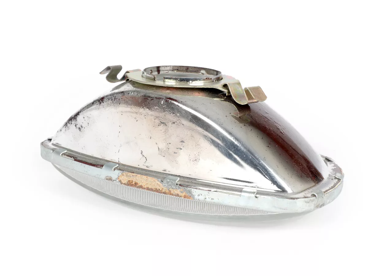 Koplamp -SIEM (NOS) trapezium - Vespa APE AD1, AE, AP ook geschikt voor Sprint150 (VLB1T), GL150 (VLA1T), GT125 (VNL2T), SS180 (VSC1T) - glas, incl. sierring, zonder koplampstekker