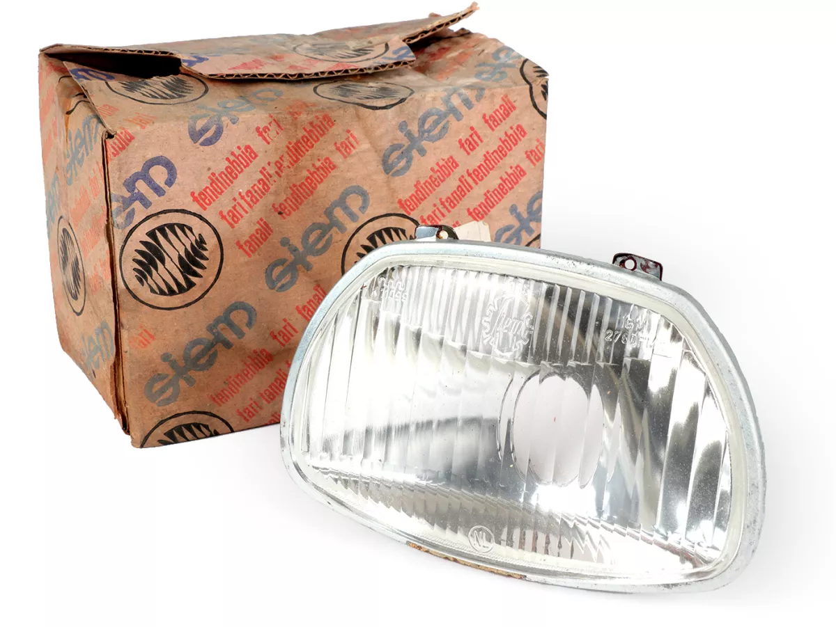 Koplamp -SIEM (NOS) trapezium - Vespa APE AD1, AE, AP ook geschikt voor Sprint150 (VLB1T), GL150 (VLA1T), GT125 (VNL2T), SS180 (VSC1T) - glas, incl. sierring, zonder koplampstekker
