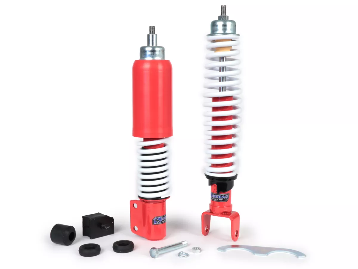 Set peredam kejut depan+belakang -SEBAC Style merah/putih- Vespa PX, T5 125cc, LML Star/Stella
