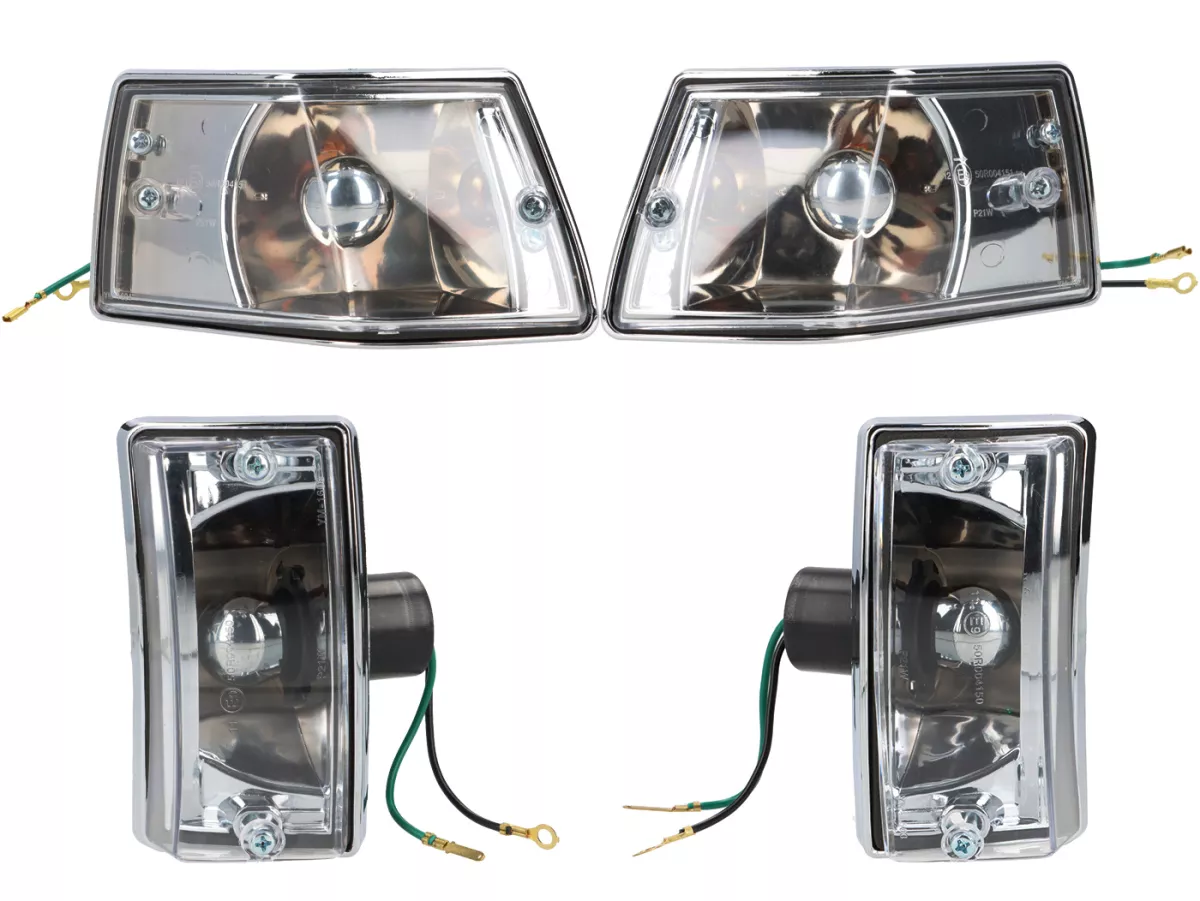 Indicator set -OEM QUALITY set of 4- Vespa PX80, PX125, PX150, PX200, T5 125cc, chrome casing - smooth lens / silver light bulb