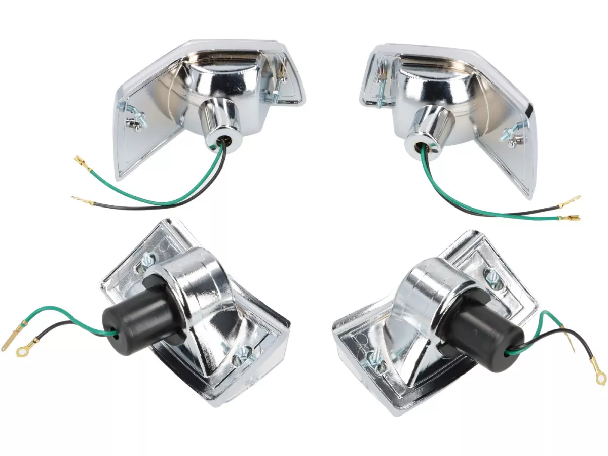 Indicator set -OEM QUALITY set of 4- Vespa PX80, PX125, PX150, PX200, T5 125cc, chrome casing - smooth lens / silver light bulb