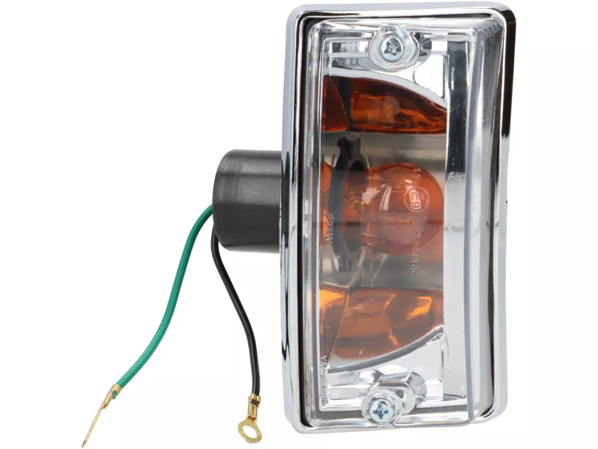 Indicator set -OEM QUALITY set of 4- Vespa PX80, PX125, PX150, PX200, T5 125cc, chrome casing - smooth lens / amber light bulbs