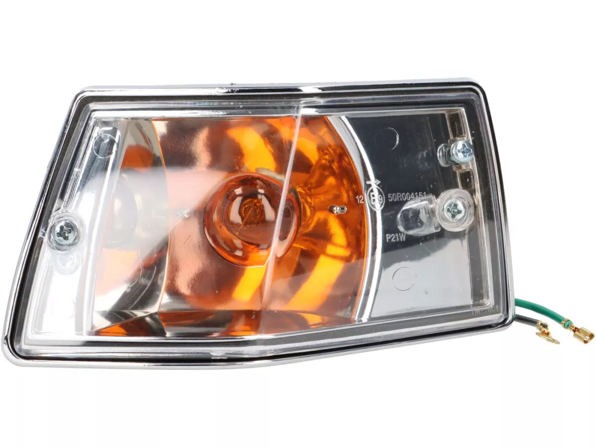 Indicator set -OEM QUALITY set of 4- Vespa PX80, PX125, PX150, PX200, T5 125cc, chrome casing - smooth lens / amber light bulbs