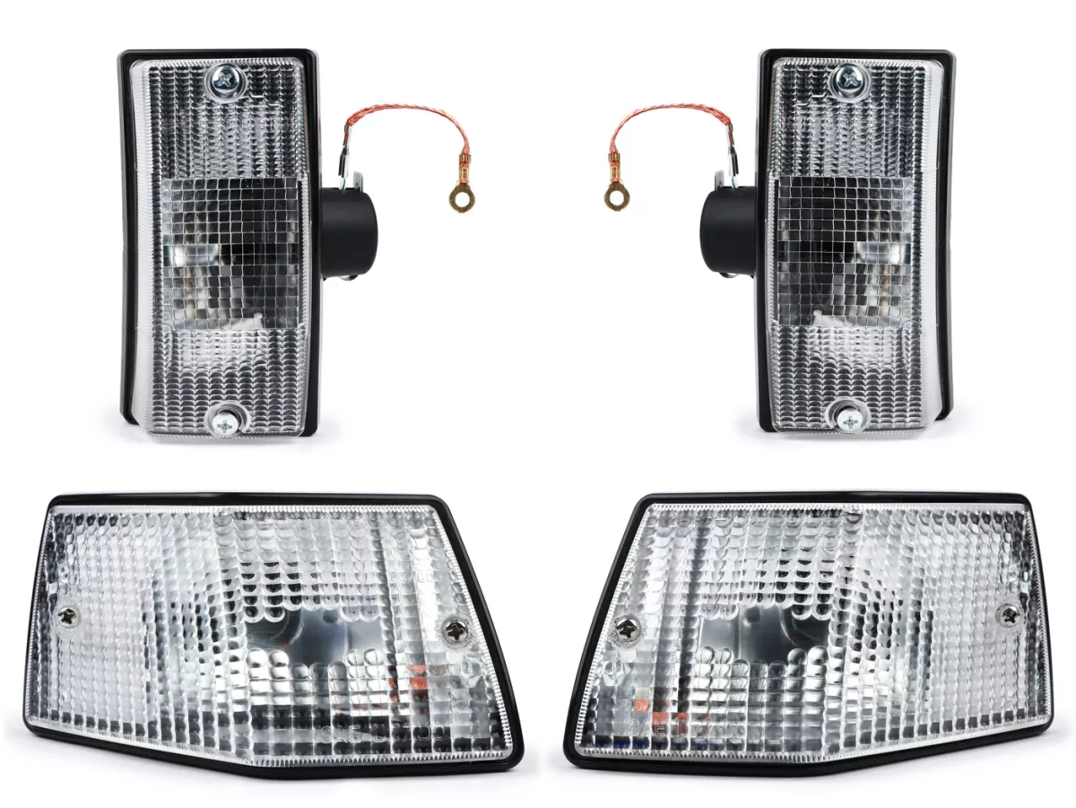 Set indicatori di direzione -SIEM- Vespa PX80, PX125, PX150, PX200, T5 125cc - Corpo nero - Lenti bianche