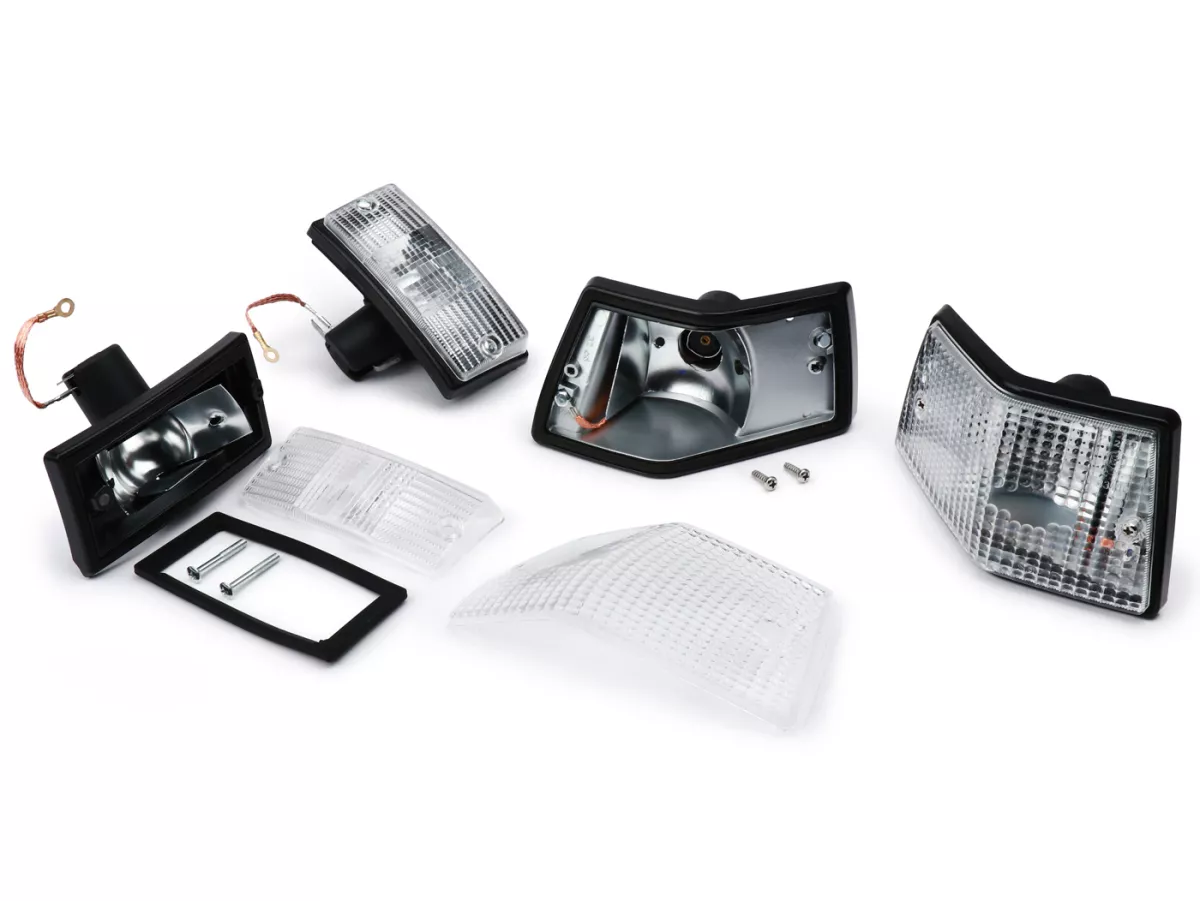 Set indicatori di direzione -SIEM- Vespa PX80, PX125, PX150, PX200, T5 125cc - Corpo nero - Lenti bianche