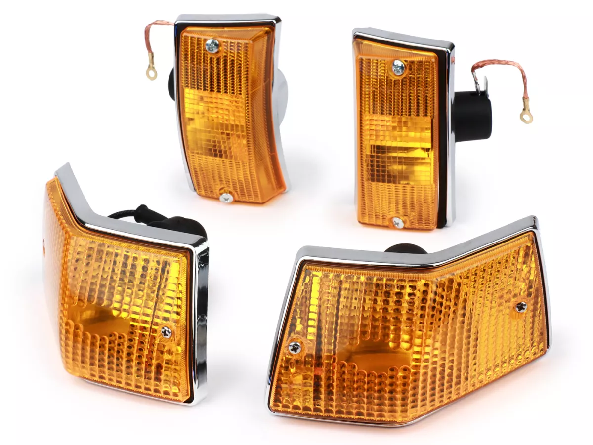 Set indicatori di direzione -SIEM- Vespa PX80, PX125, PX150, PX200, T5 125cc - Corpo cromato - Lenti arancioni