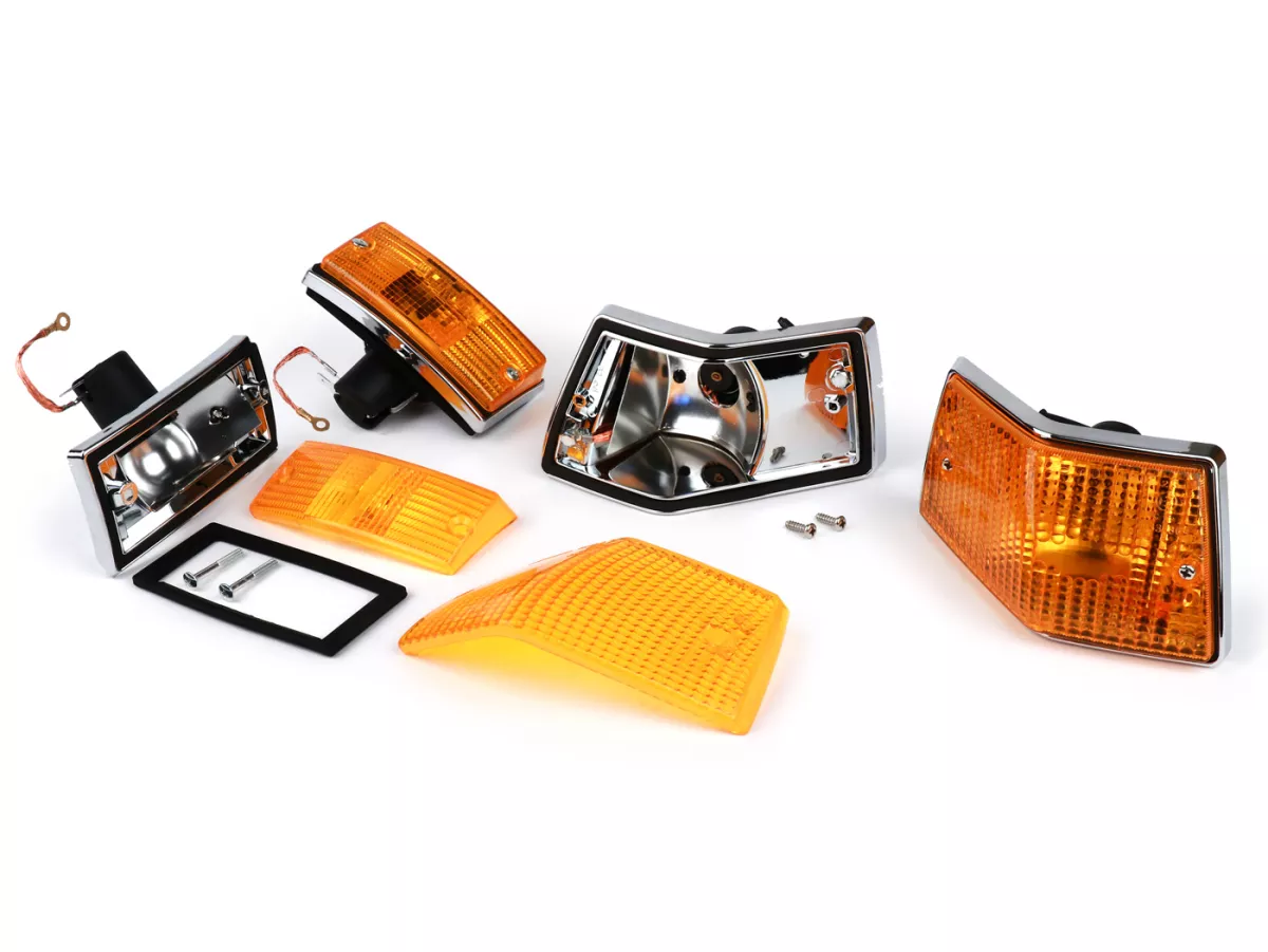 Set indicatori di direzione -SIEM- Vespa PX80, PX125, PX150, PX200, T5 125cc - Corpo cromato - Lenti arancioni