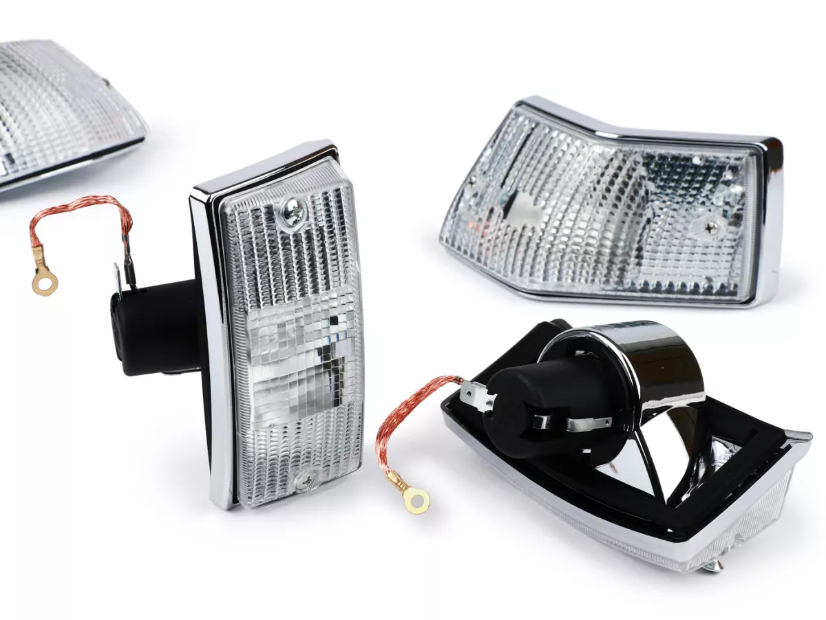 Indicator set -SIEM- Vespa PX80, PX125, PX150, PX200, T5 125cc - Chrome body - White lenses