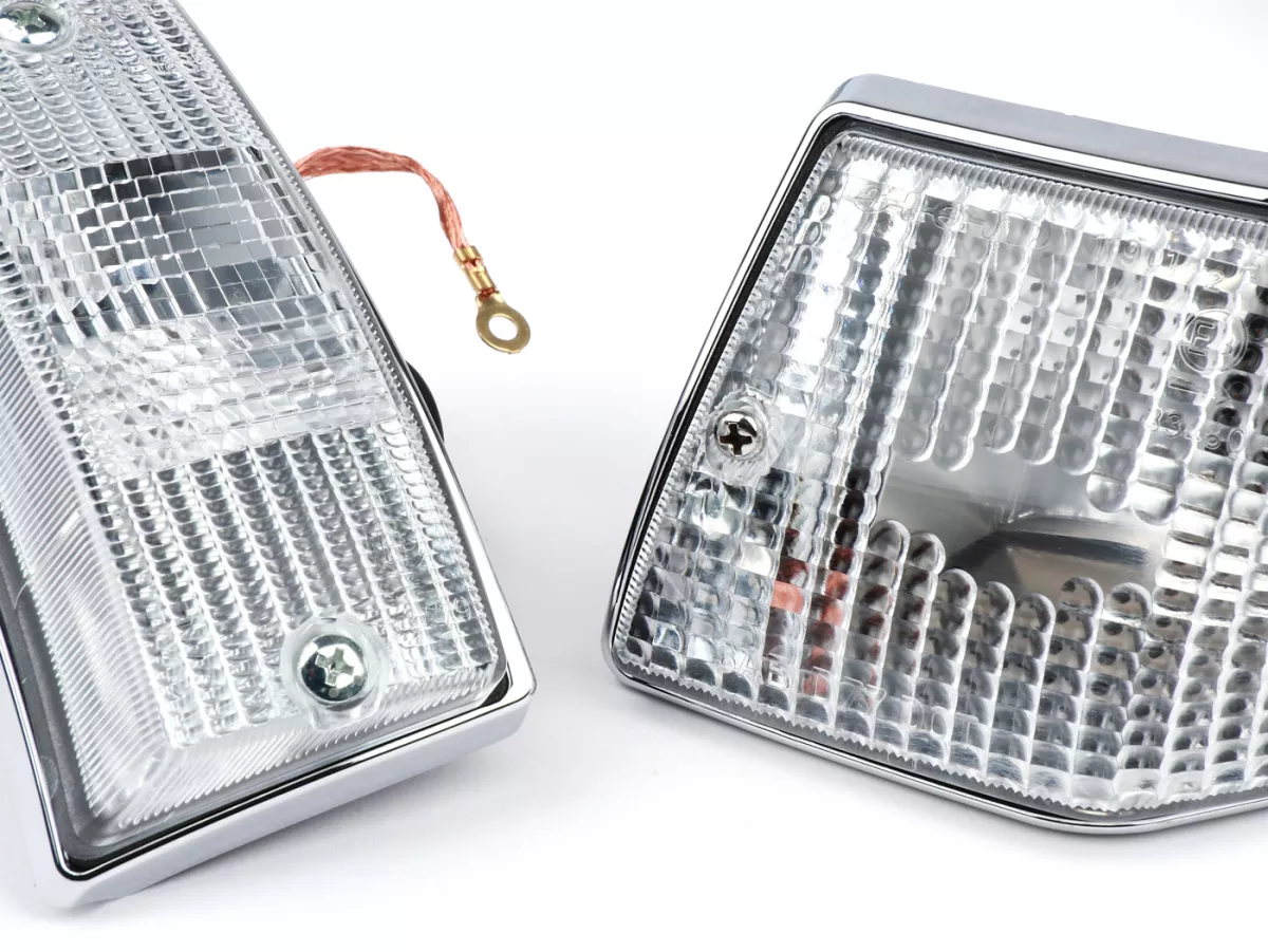 Indicator set -SIEM- Vespa PX80, PX125, PX150, PX200, T5 125cc - Chrome body - White lenses