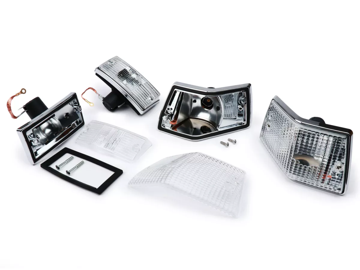 Indicator set -SIEM- Vespa PX80, PX125, PX150, PX200, T5 125cc - Chrome body - White lenses