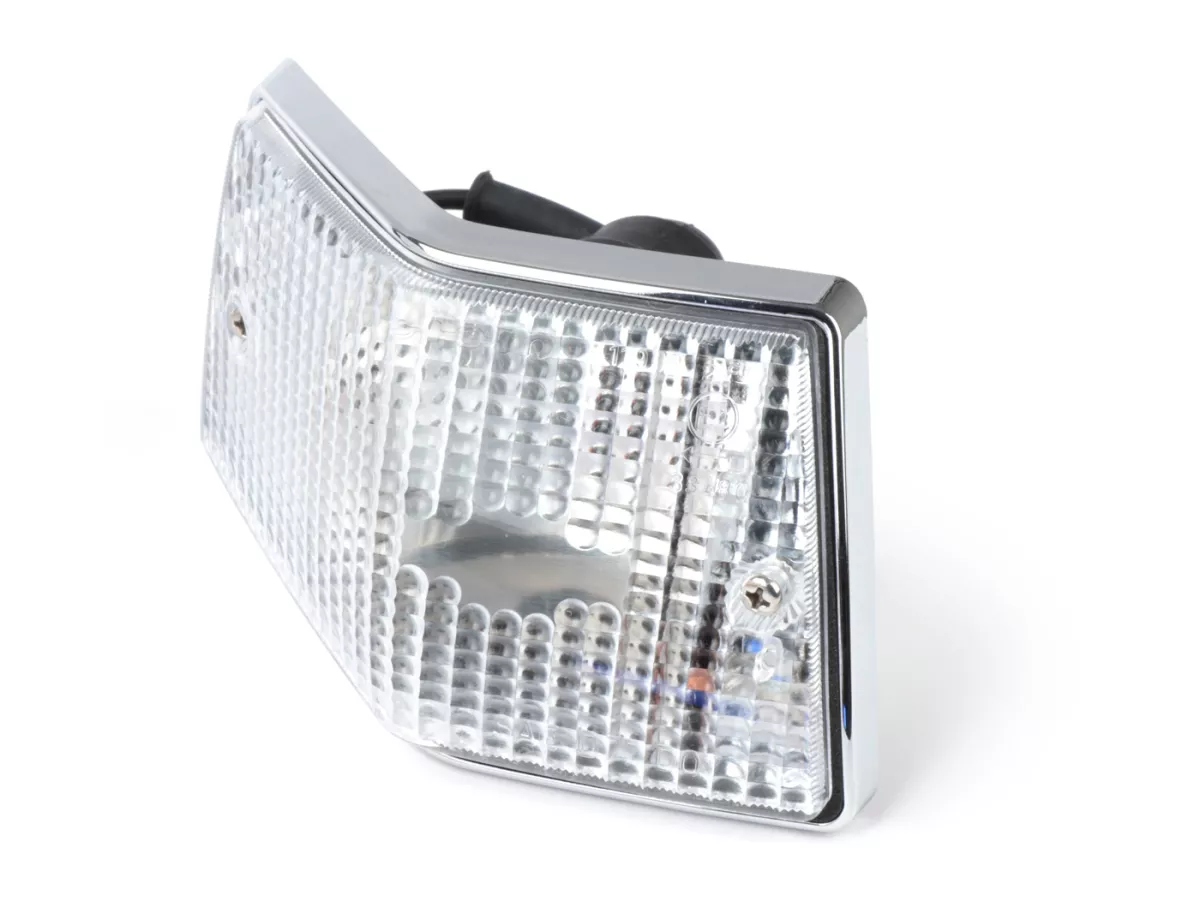 Indicador -SIEM- Vespa PX80, PX125, PX150, PX200, T5 125cc - carcasa cromada - lentes blancas - trasero izquierdo