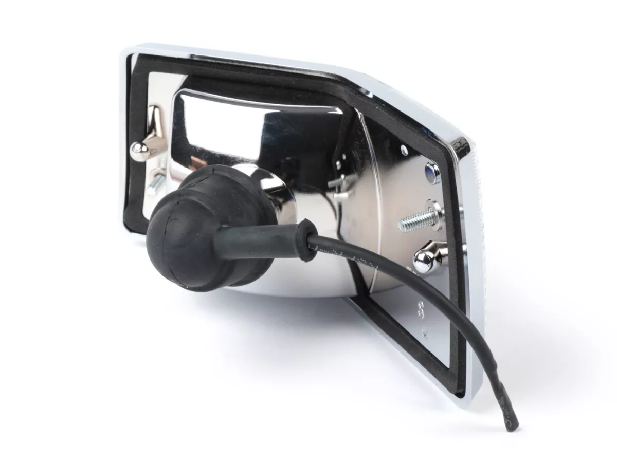 Indicador -SIEM- Vespa PX80, PX125, PX150, PX200, T5 125cc - carcasa cromada - lentes blancas - trasero izquierdo
