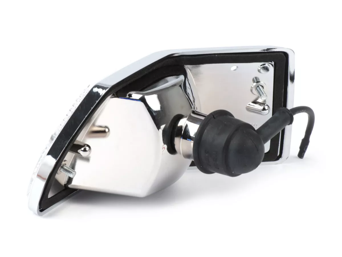 Indicador -SIEM- Vespa PX80, PX125, PX150, PX200, T5 125cc - carcasa cromada - lentes blancas - trasero izquierdo