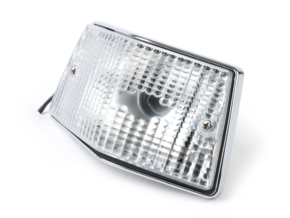 Indicador -SIEM- Vespa PX80, PX125, PX150, PX200, T5 125cc - carcasa cromada - lentes blancas - trasero izquierdo