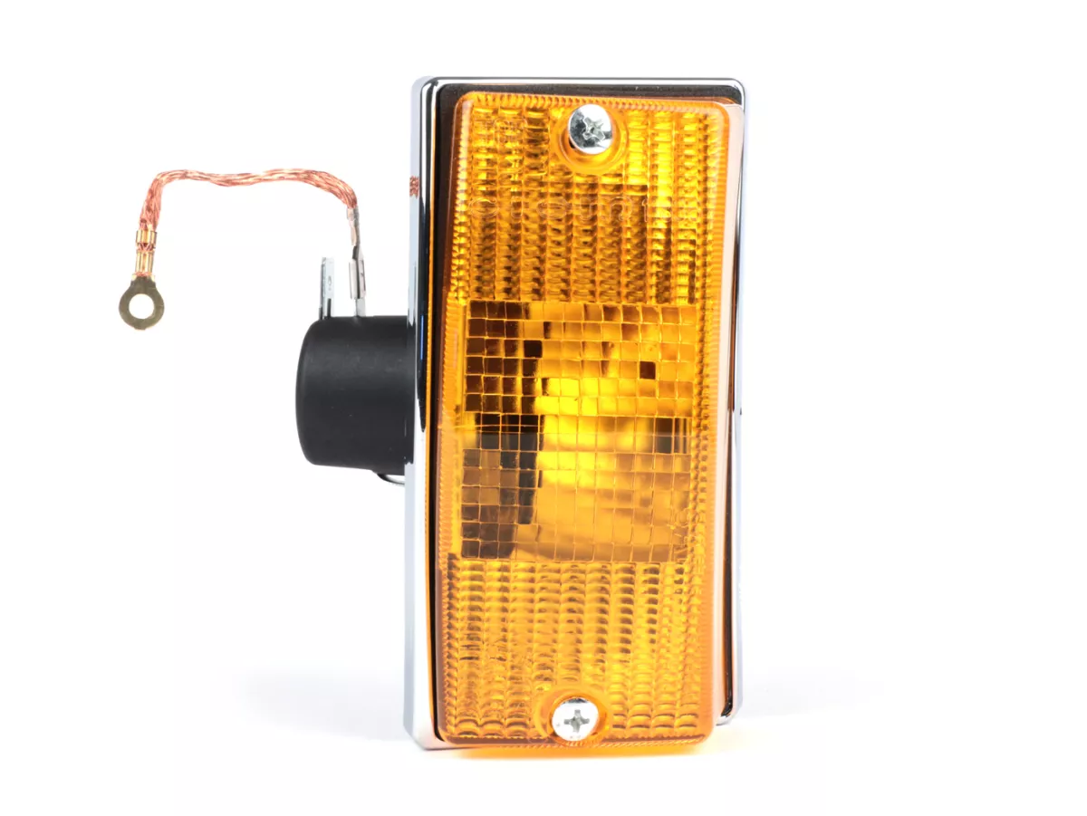 Indicator -SIEM- Vespa PX80, PX125, PX150, PX200, T5 125cc - chromen behuizing - oranje lenzen - linksvoor