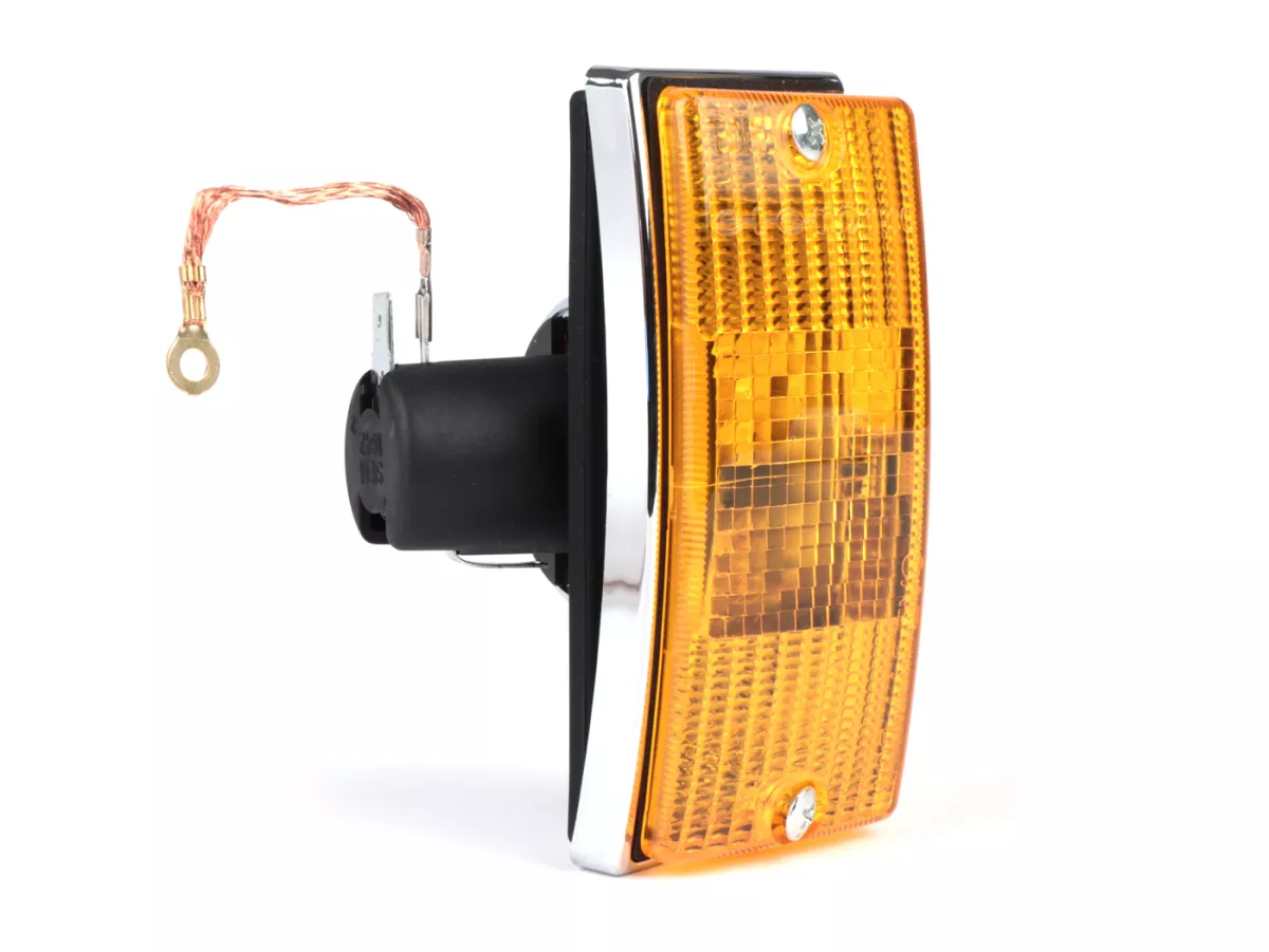 Indicator -SIEM- Vespa PX80, PX125, PX150, PX200, T5 125cc - chromen behuizing - oranje lenzen - linksvoor